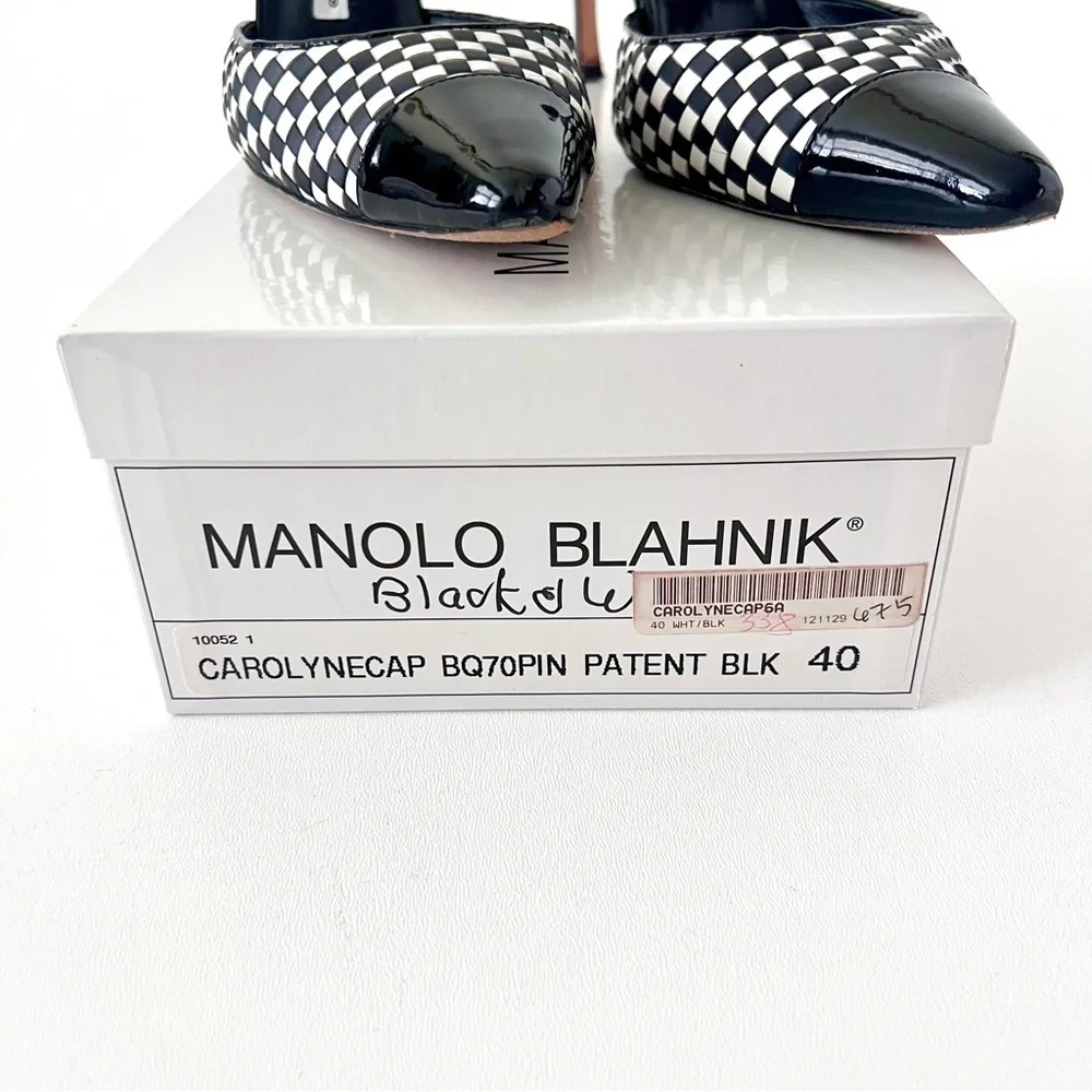 MANOLO BLAHNIK | Carolyne Cap Toe Woven Leather SlingBack Pointed Pumps - Picture 3 of 16